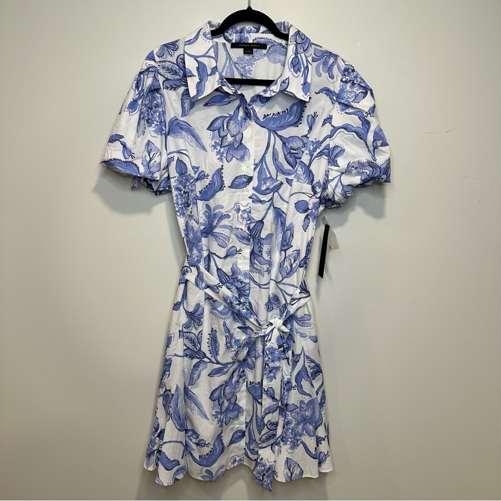 CYNTHIA STEFFE Blue /White Floral Print Short Puff Sleeves Collared Dress Sz 1X